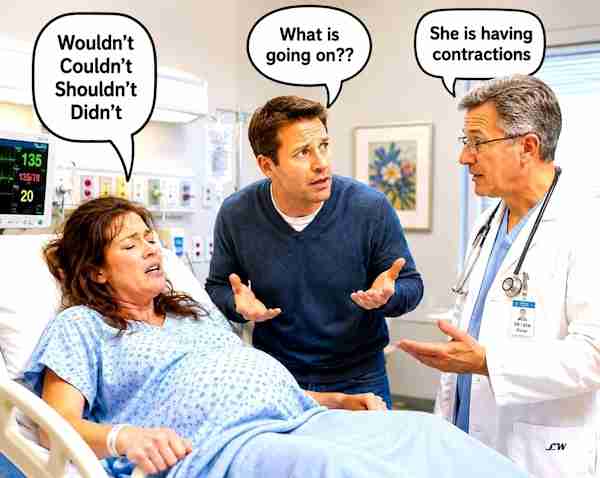 In labor the woman says wouldn't couldn't shouldn't... contractions.