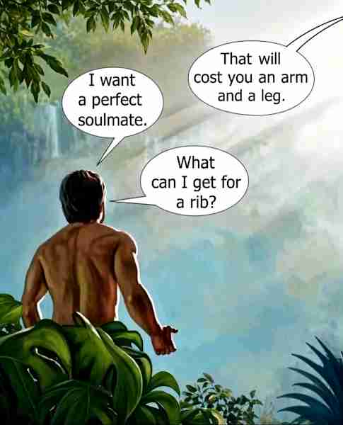 Adam found out a perfect soulmate would cost an arm and a leg, so he asked God what he could get for a rib.