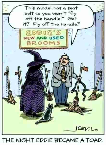 Salesman makes a joke about flying off the handle while selling a broom to a witch... shortly before he becomes a toad.