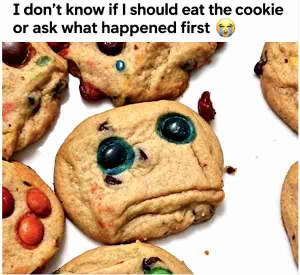Traumatized cookie looks like it's frowning.
