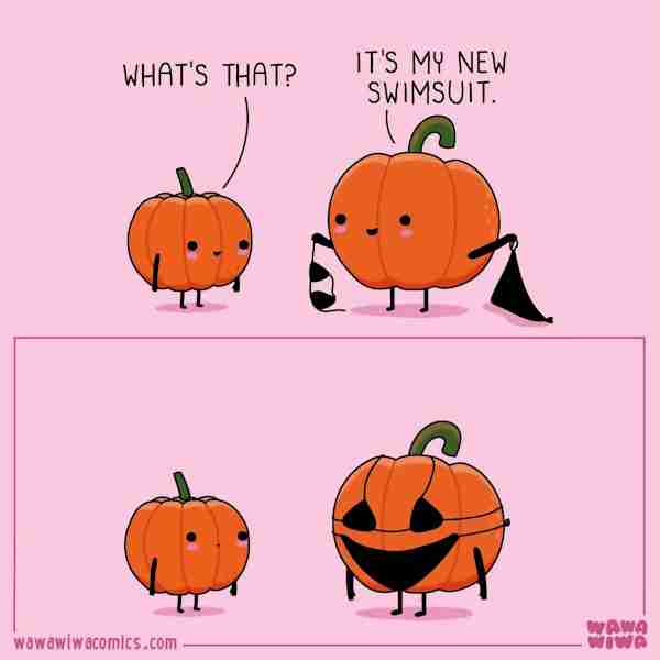 Pumpkin wearing a two-piece swimsuit looks like a jack-o-lantern.